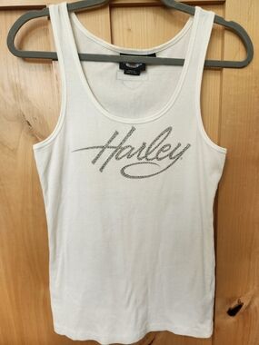 Harley-Davidson White Tank with Silver Rhinestone Harley Script